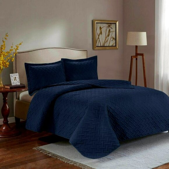 3PC Quilt Bedspread Set Oversized Queen Titan Blue - Picture 1 of 5